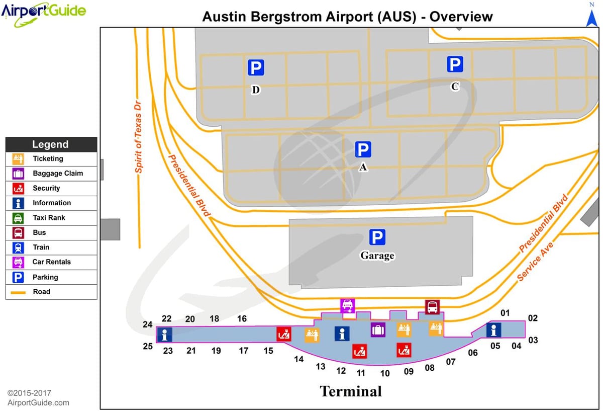 Austin Bergstrom nazioarteko aireportuko mapa
