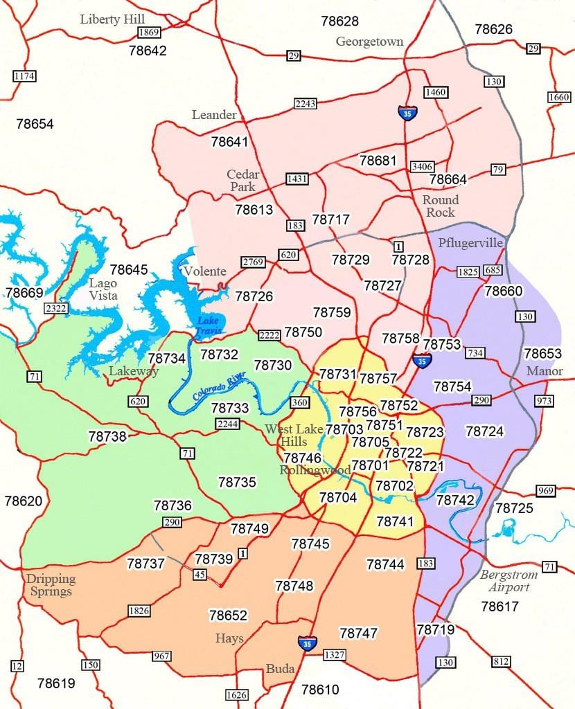 Austin area zip code mapa