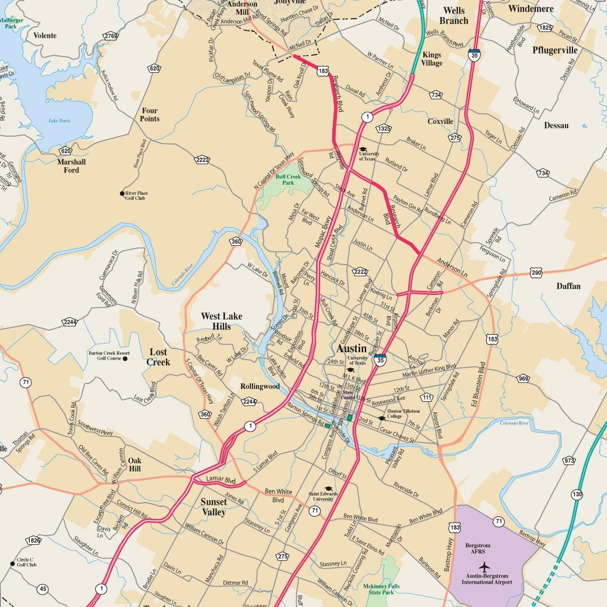 mapa Austin texas eta inguruko hirietan